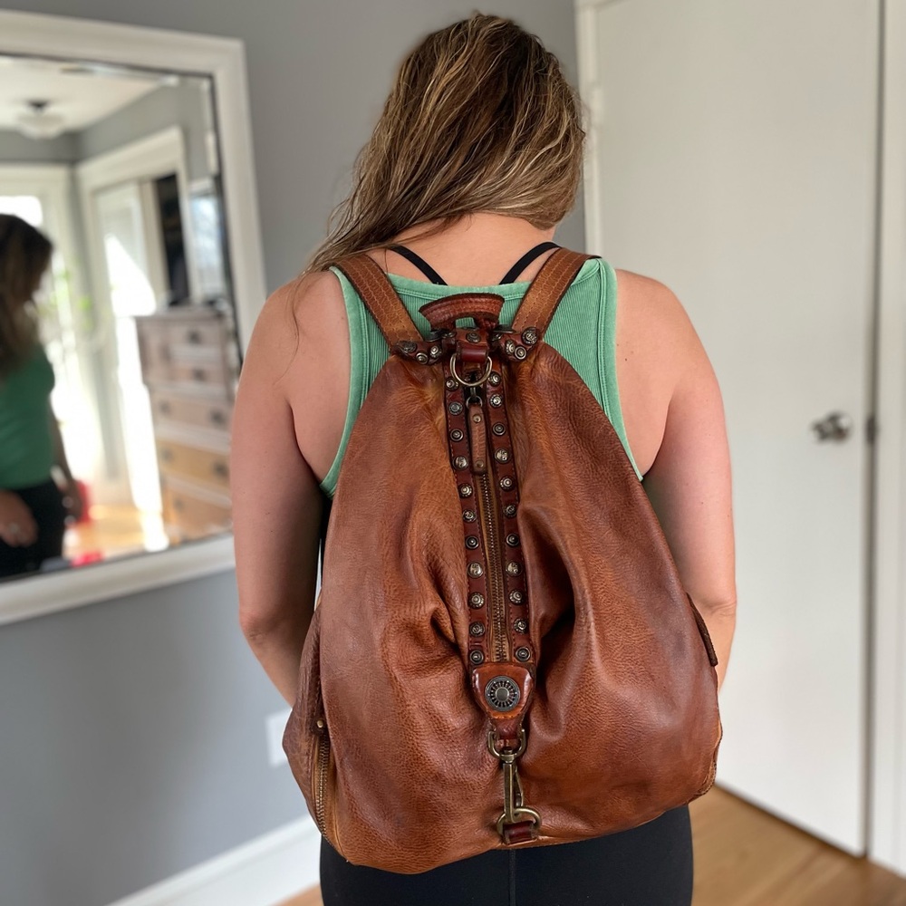 Rare, antiqued brown leather Lusher Bayside backpack.